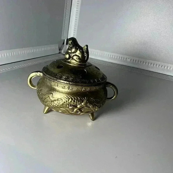 None Other - Vintage Gold Metal Incense Burner Japan Foo Dog Dragon 2” Mini Lidded Lid